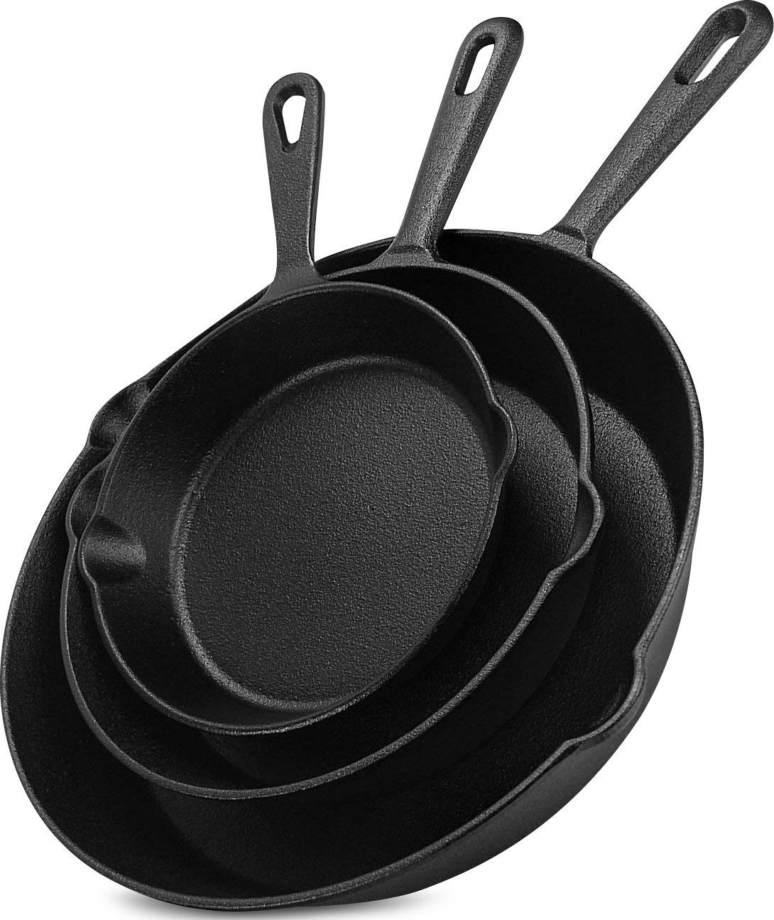 8 Inch and 10 Inch 6 Inch Bulk Pack of 3 KICHLY Pre-Seasoned Cast Iron Skillet Set 3-Piece 