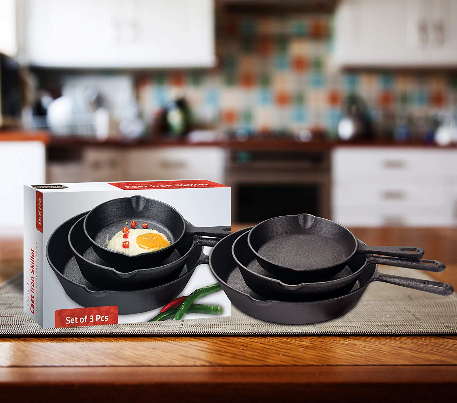 Stick Pre Seasoned Cast Iron Skillet Frying Pan, 3 Piece Set Molde